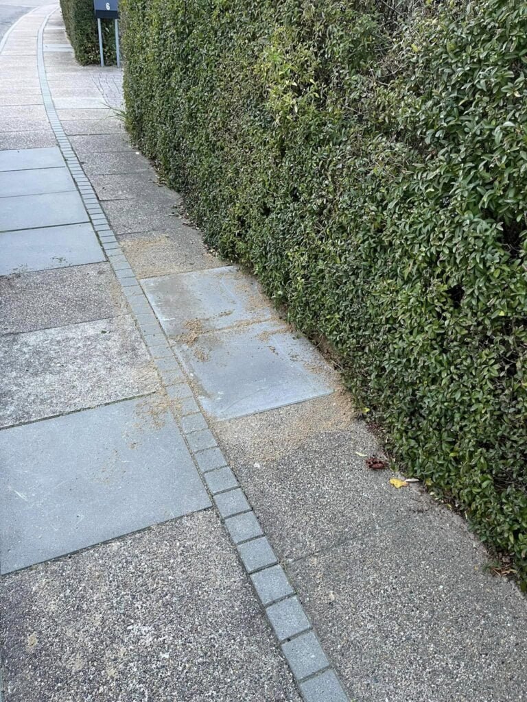 Fortov med hæk og sand på fliser